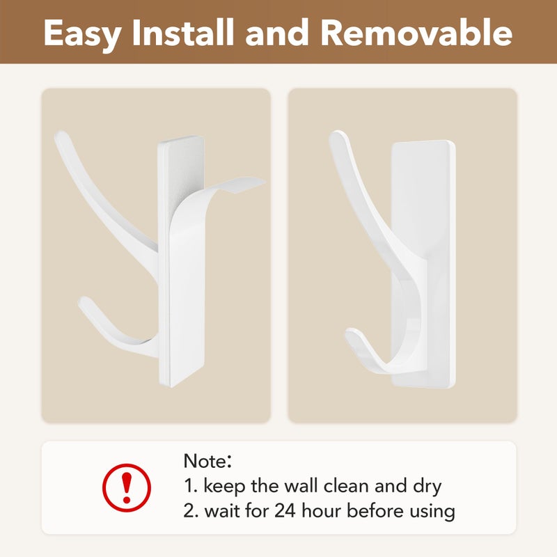 pickpiff Self Adhesive Coat Hooks for Hanging, Heavy Duty Stainless Double Wall Hook for Towel, Backpack, Hat, Sturdy Metal Hanger for Bathroom, Bedroom, Door, Wall Mounted, 6 Pack, White - Image 5